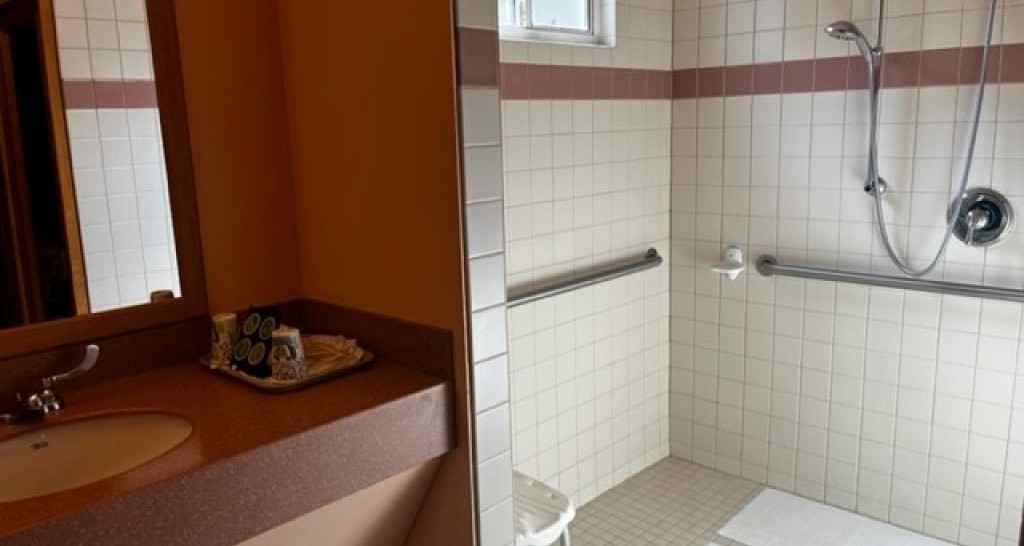 A bathroom with a shower, sink, and mirror