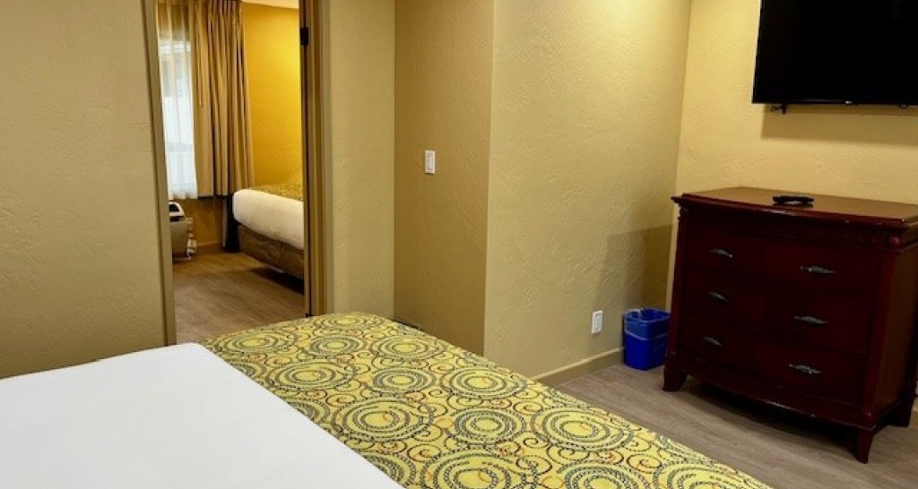 A hotel room with a bed, dresser, and TV.