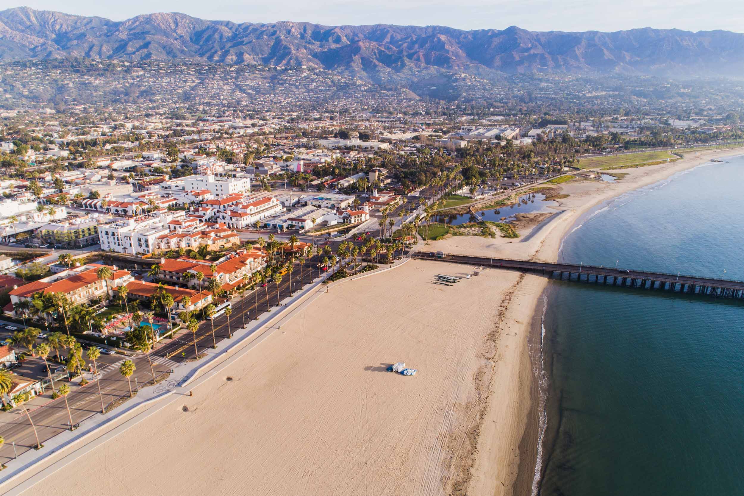 Aerial view of a beach town with a pier, buildings, and palm trees.