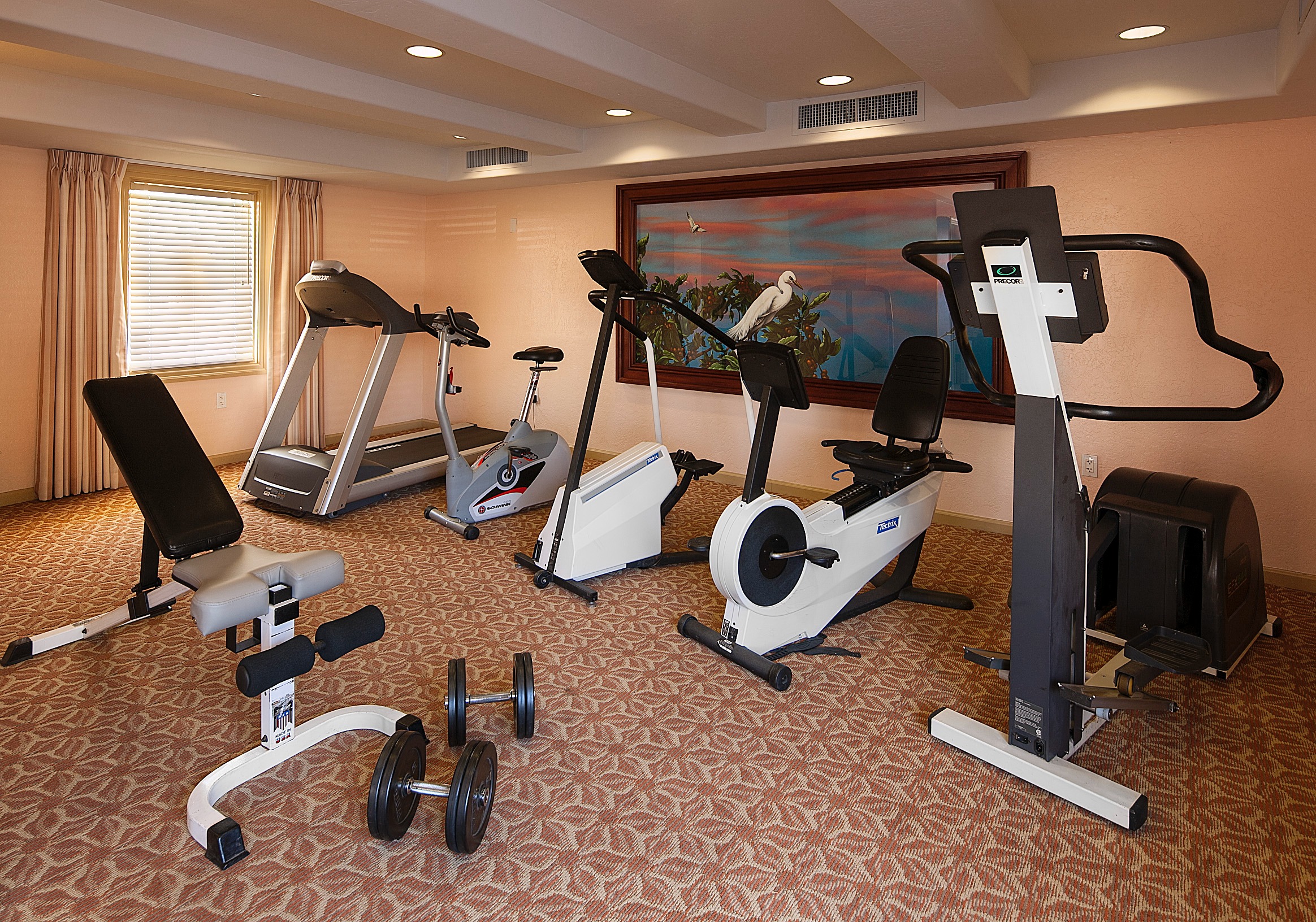 A fitness room with various exercise equipment